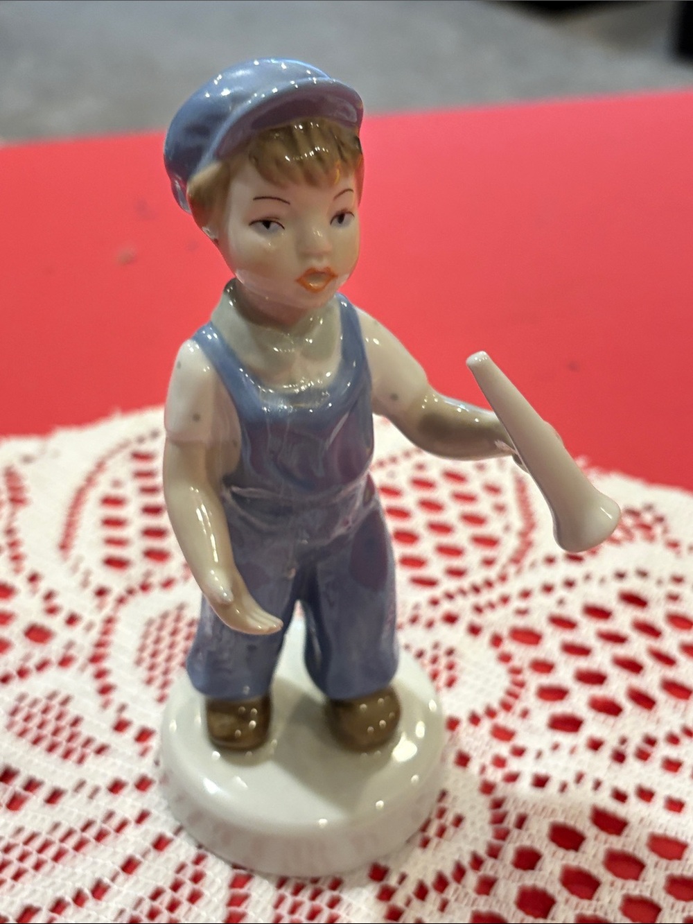 Vtg Porcelain Royal Dux Boy w Horn, produced by Royal Dutch Bohemia, Czech Co